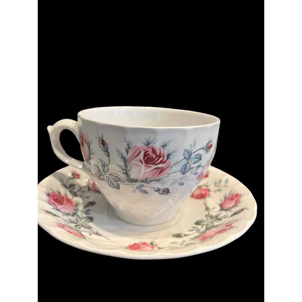 Burleigh Ware Pink Rose Ironstone Teacup and Saucer Burgess & Leigh England